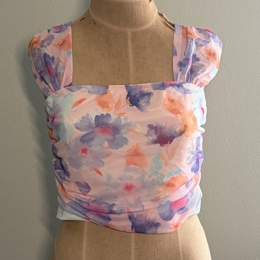 Romantic Floral Mesh Ruched Crop Top Square Neck Pastel Watercolor Women XL